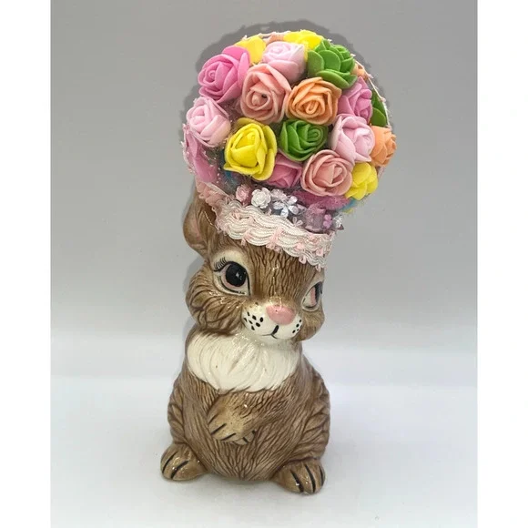 Vintage Ceramic Pretty Bunny Spring Bunny Floral Flower Hat Deb O. Original OOAK - Picture 3 of 16
